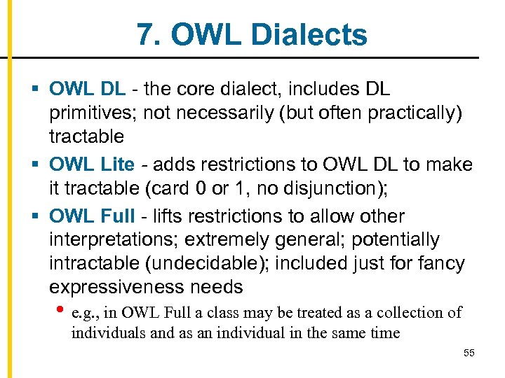 7. OWL Dialects § OWL DL - the core dialect, includes DL primitives; not