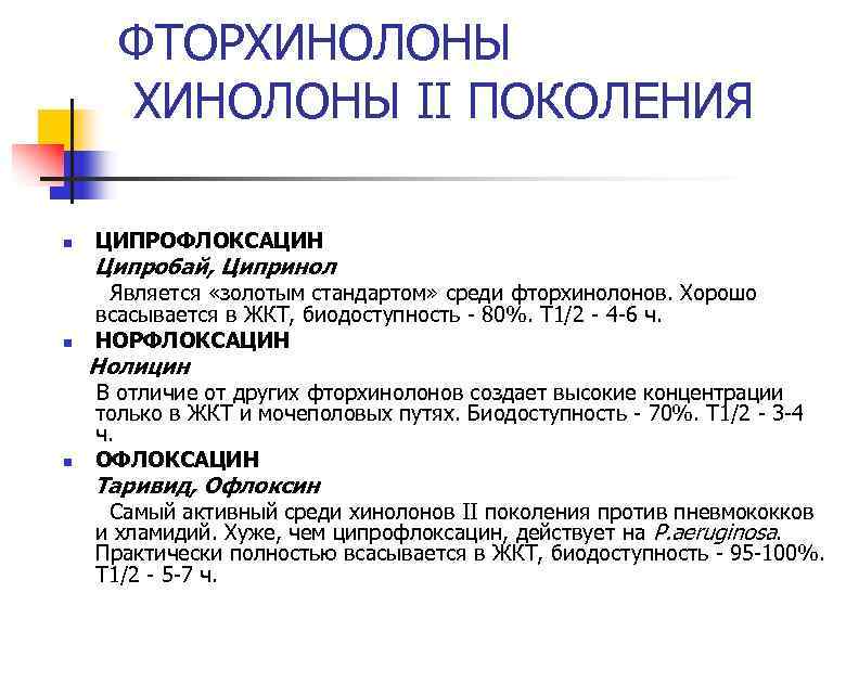 ФТОРХИНОЛОНЫ II ПОКОЛЕНИЯ n ЦИПРОФЛОКСАЦИН Ципробай, Ципринол Является «золотым стандартом» среди фторхинолонов. Хорошо всасывается