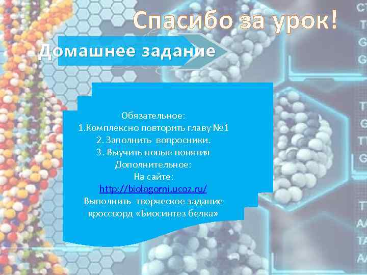 Спасибо за урок! Домашнее задание Обязательное: 1. Комплексно повторить главу № 1 2. Заполнить