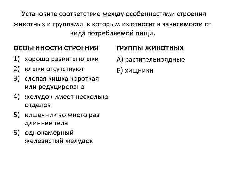 Установите соответствие между особенностями строения животных и группами, к которым их относят в зависимости