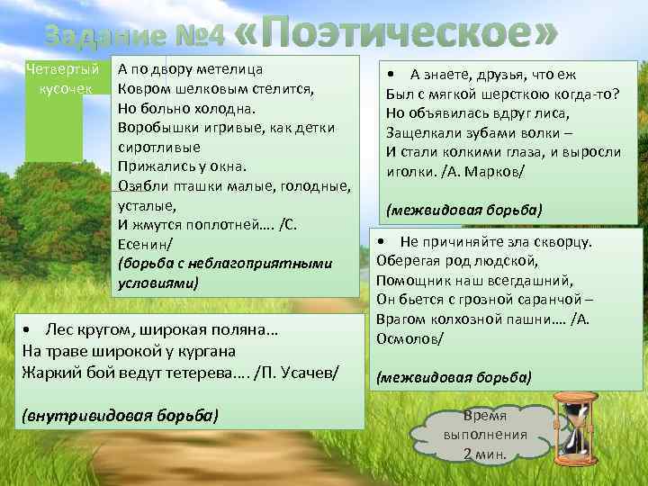Задание № 4 «Поэтическое» Четвертый кусочек А по двору метелица Ковром шелковым стелится, Но