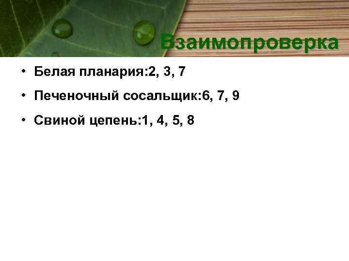 Взаимопроверка • Белая планария: 2, 3, 7 • Печеночный сосальщик: 6, 7, 9 •