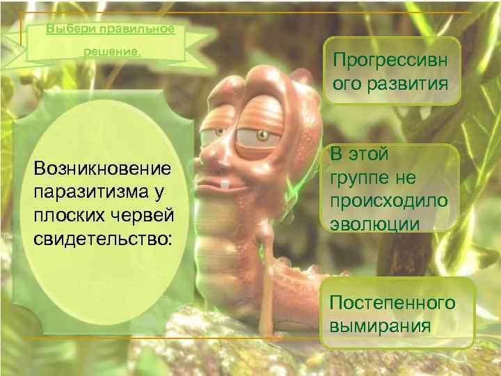 Выбери правильное решение. Возникновение паразитизма у плоских червей свидетельство: Прогрессивн ого развития В этой