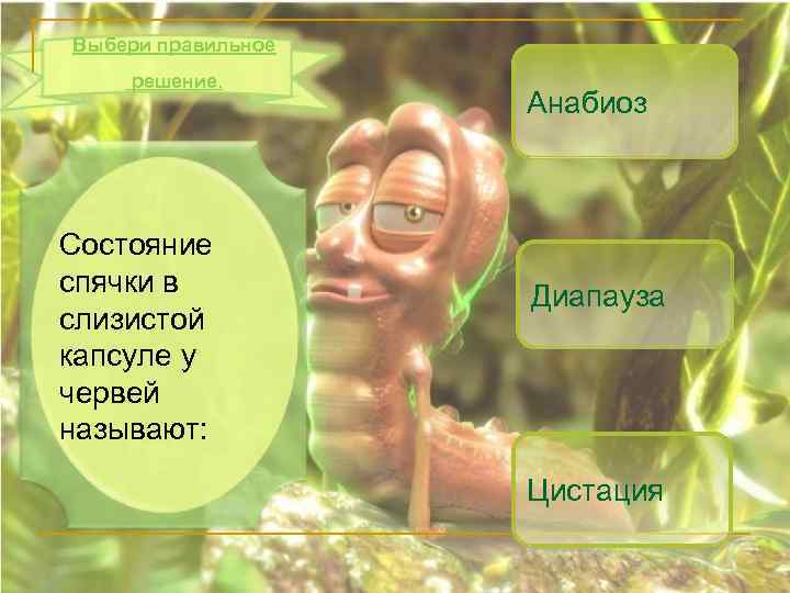 Выбери правильное решение. Состояние спячки в слизистой капсуле у червей называют: Анабиоз Диапауза Цистация