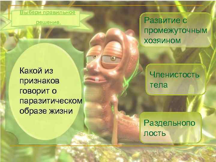 Выбери правильное решение. Какой из признаков говорит о паразитическом образе жизни Развитие с промежуточным