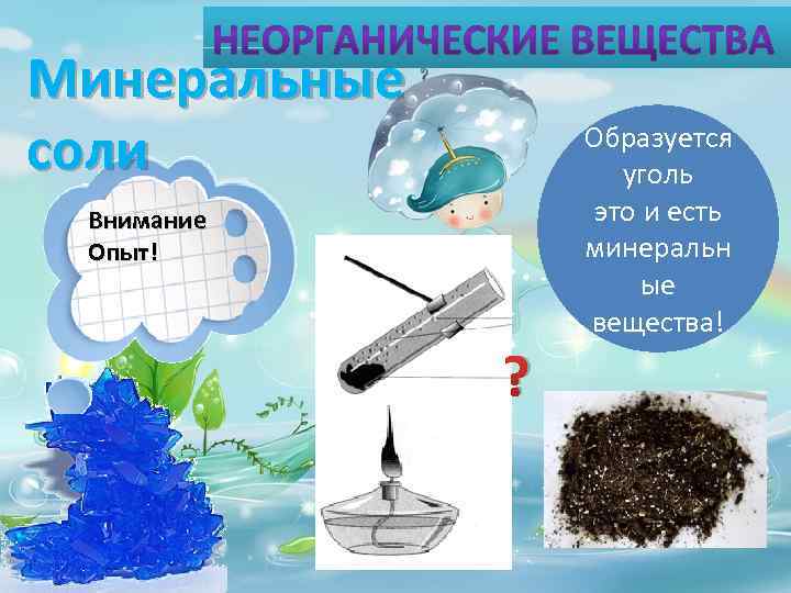 Минеральные соли Внимание Опыт! ? Образуется уголь это и есть минеральн ые вещества! 
