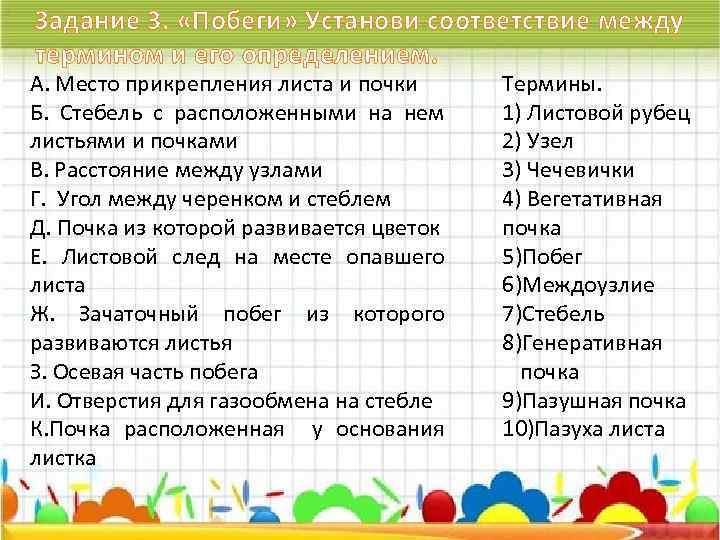 Задание 3. «Побеги» Установи соответствие между термином и его определением. А. Место прикрепления листа