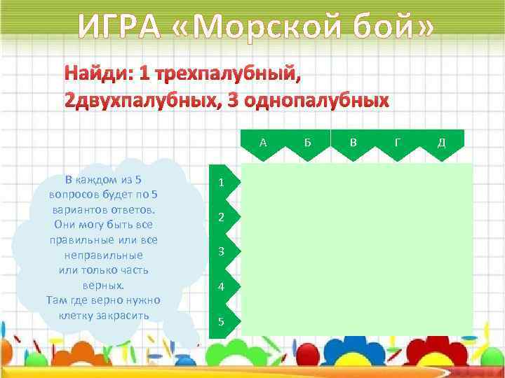 ИГРА «Морской бой» Найди: 1 трехпалубный, 2 двухпалубных, 3 однопалубных А В каждом из