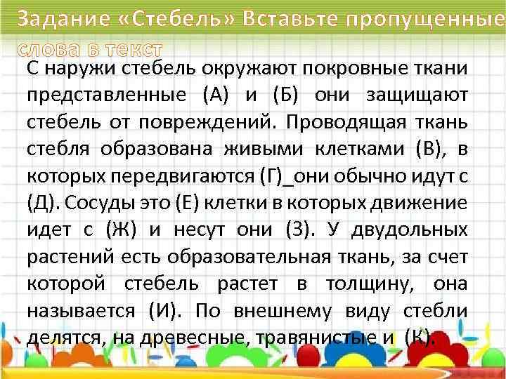 Задание «Стебель» Вставьте пропущенные слова в текст С наружи стебель окружают покровные ткани представленные