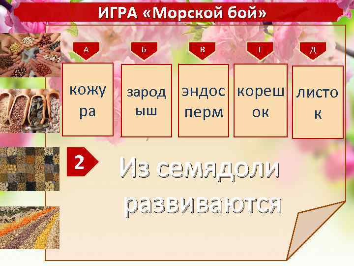 ИГРА «Морской бой» А кожу ра 2 Б В Г Д зарод эндос кореш