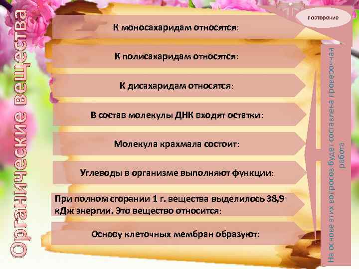К полисахаридам относятся: К дисахаридам относятся : В состав молекулы ДНК входят остатки :