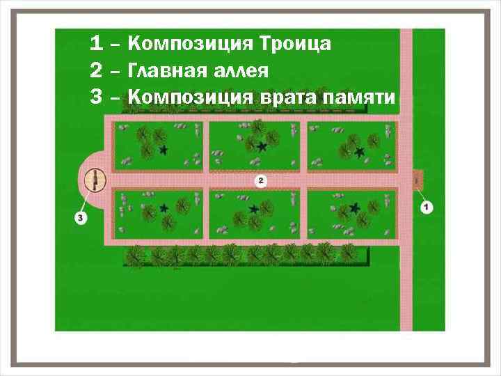 1 – Композиция Троица Первое дизайн предложение 2 – Главная аллея мемориального врата памяти