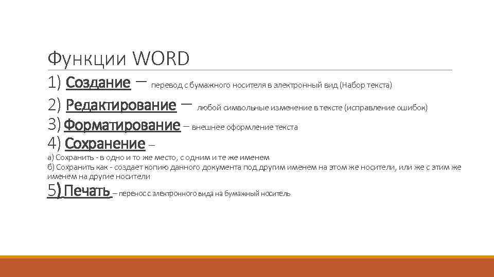 Функции WORD 1) Создание – перевод с бумажного носителя в электронный вид (Набор текста)