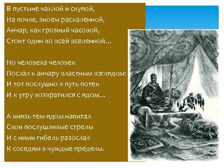 В пустыне чахлой и скупой, На почве, зноем раскаленной, Анчар, как грозный часовой, Стоит