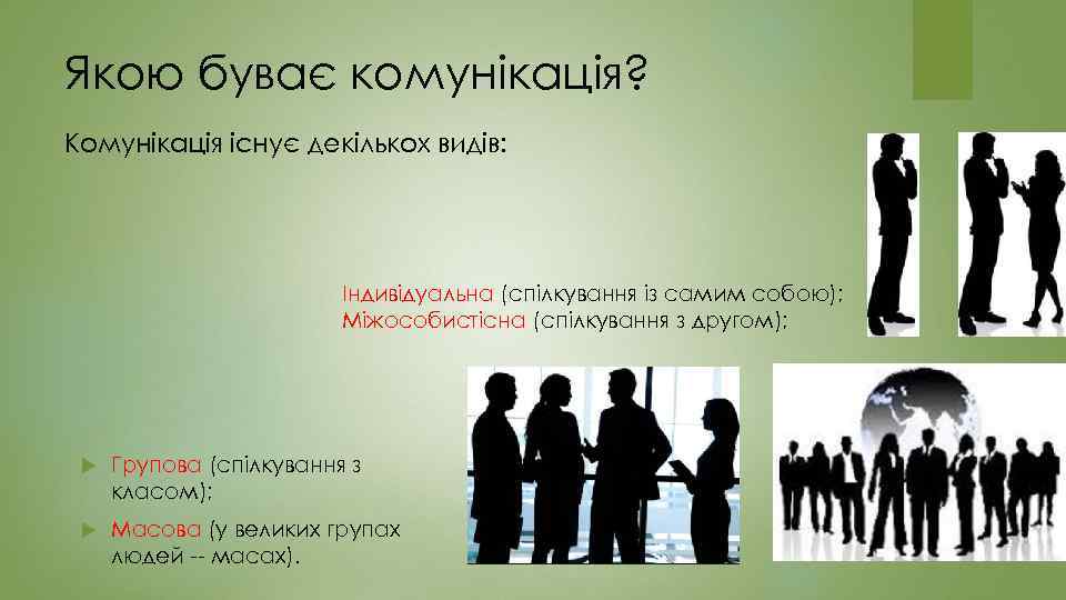 Якою буває комунікація? Комунікація існує декількох видів: Індивідуальна (спілкування із самим собою); Міжособистісна (спілкування