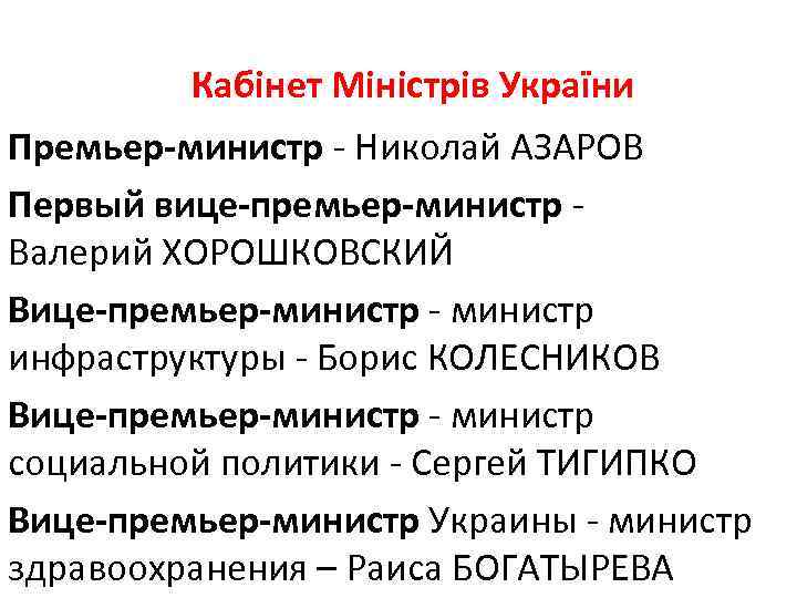 Кабінет Міністрів України Премьер-министр Николай АЗАРОВ Первый вице-премьер-министр Валерий ХОРОШКОВСКИЙ Вице-премьер-министр инфраструктуры Борис КОЛЕСНИКОВ