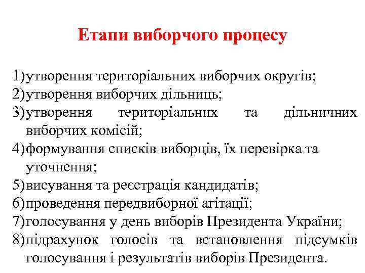 Етапи виборчого процесу 1) утворення територіальних виборчих округів; 2) утворення виборчих дільниць; 3) утворення