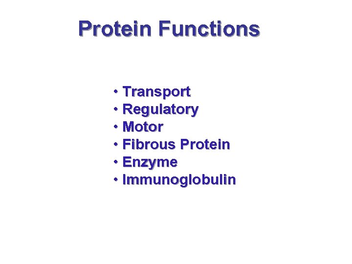 Protein Functions • Transport • Regulatory • Motor • Fibrous Protein • Enzyme •