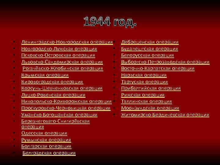 1944 год. • • • • • Ленинградско-Новгородская операция • Новгородско-Лужская операция • Псковско-Островская