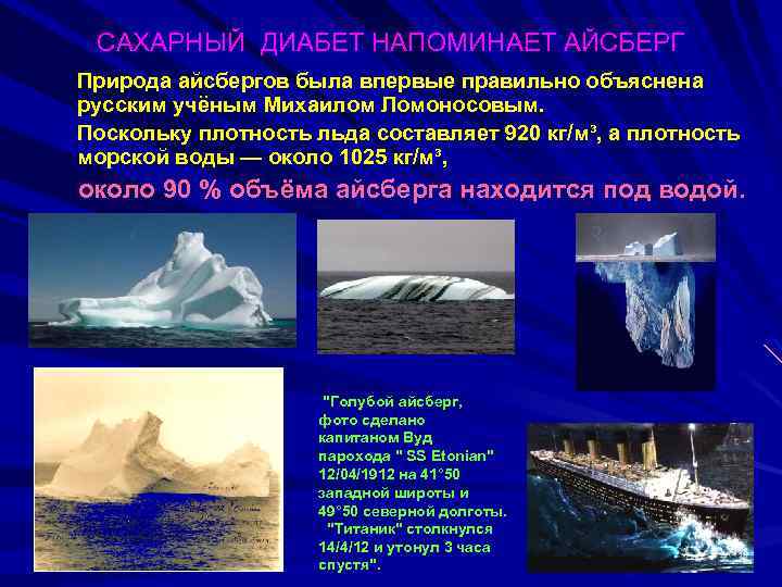 САХАРНЫЙ ДИАБЕТ НАПОМИНАЕТ АЙСБЕРГ Природа айсбергов была впервые правильно объяснена русским учёным Михаилом Ломоносовым.