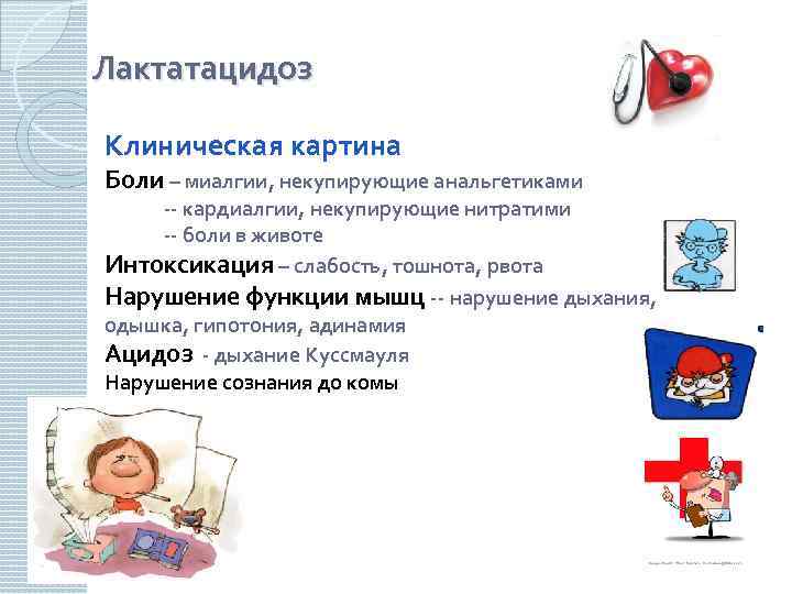 Лактатацидоз Клиническая картина Боли – миалгии, некупирующие анальгетиками -- кардиалгии, некупирующие нитратими -- боли