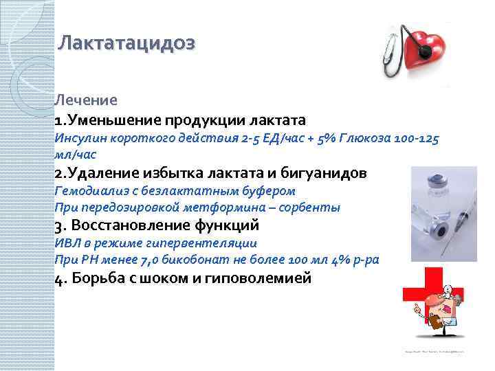 Лактатацидоз Лечение 1. Уменьшение продукции лактата Инсулин короткого действия 2 -5 ЕД/час + 5%