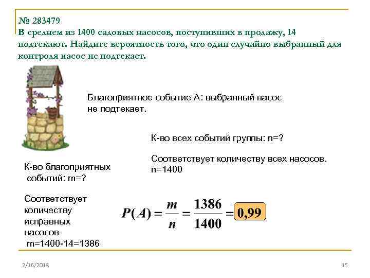 № 283479 В среднем из 1400 садовых насосов, поступивших в продажу, 14 подтекают. Найдите