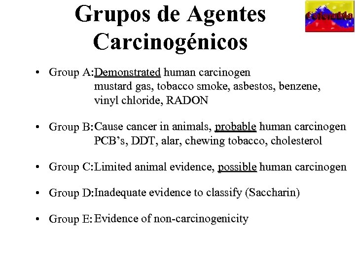 Grupos de Agentes Carcinogénicos • Group A: Demonstrated human carcinogen mustard gas, tobacco smoke,