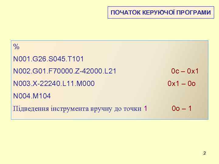 ПОЧАТОК КЕРУЮЧОЇ ПРОГРАМИ % N 001. G 26. S 045. T 101 N 002.