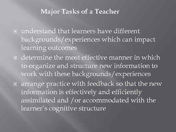 Major Tasks of a Teacher understand that learners have different backgrounds/experiences which can impact