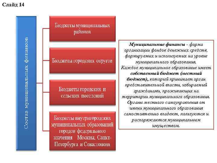 Слайд 14 Муниципальные финансы - форма организации фондов денежных средств, формируемых и используемых на