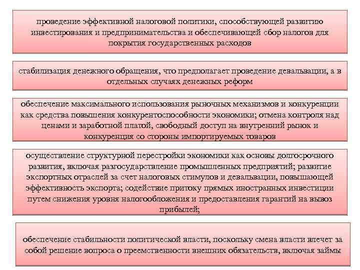 проведение эффективной налоговой политики, способствующей развитию инвестирования и предпринимательства и обеспечивающей сбор налогов для