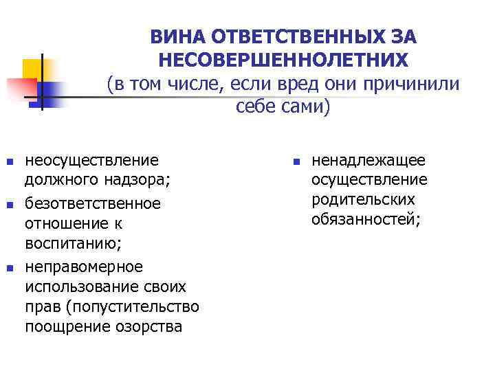 ВИНА ОТВЕТСТВЕННЫХ ЗА НЕСОВЕРШЕННОЛЕТНИХ (в том числе, если вред они причинили себе сами) n