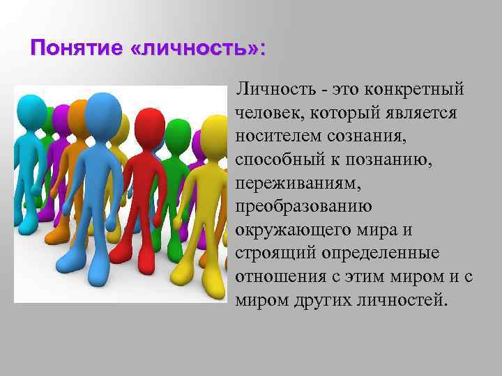 Понятие «личность» : Личность - это конкретный человек, который является носителем сознания, способный к