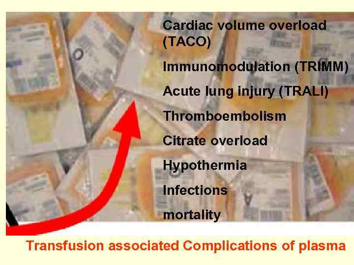 Cardiac volume overload (TACO) Immunomodulation (TRIMM) Acute lung injury (TRALI) Thromboembolism Citrate overload Hypothermia