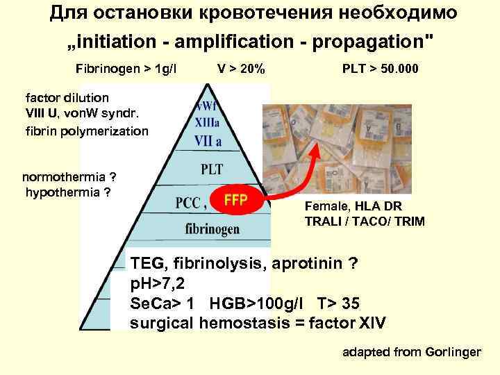 Для остановки кровотечения необходимо „initiation - amplification - propagation" Fibrinogen > 1 g/l V
