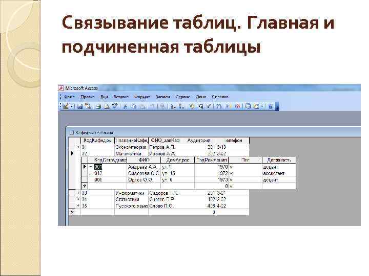 Главные и подчиненные таблицы