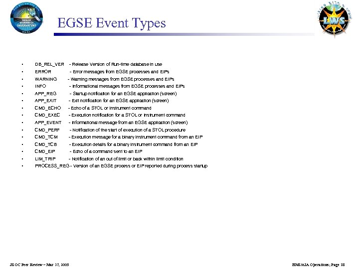 EGSE Event Types • DB_REL_VER - Release Version of Run-time database in use •