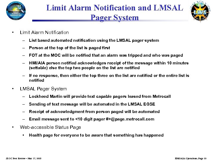 Limit Alarm Notification and LMSAL Pager System • Limit Alarm Notification – List based