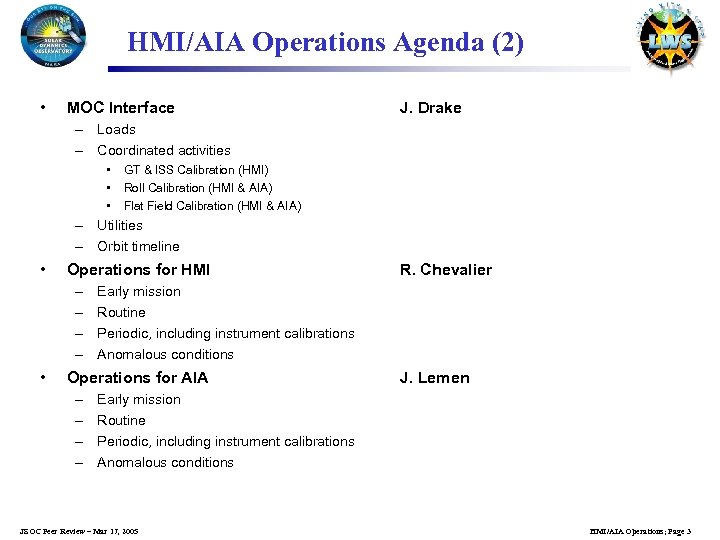HMI/AIA Operations Agenda (2) • MOC Interface J. Drake – Loads – Coordinated activities