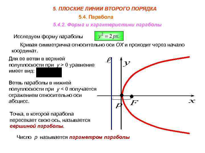 5. ПЛОСКИЕ ЛИНИИ ВТОРОГО ПОРЯДКА 5. 4. Парабола 5. 4. 2. Форма и характеристики