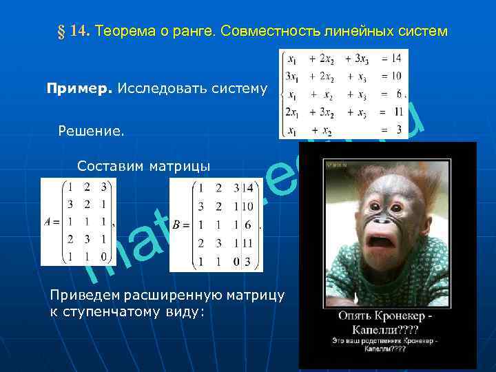  § 14. Теорема о ранге. Совместность линейных систем Пример. Исследовать систему Решение. d.