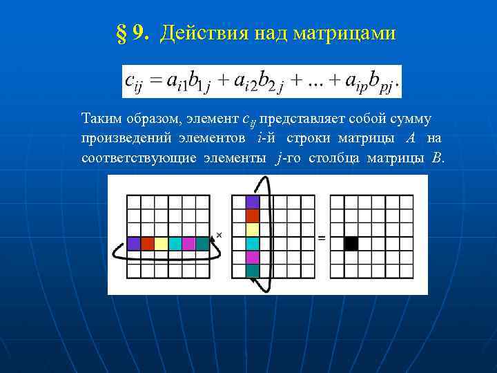 § 9. Действия над матрицами Таким образом, элемент сij представляет собой сумму произведений элементов