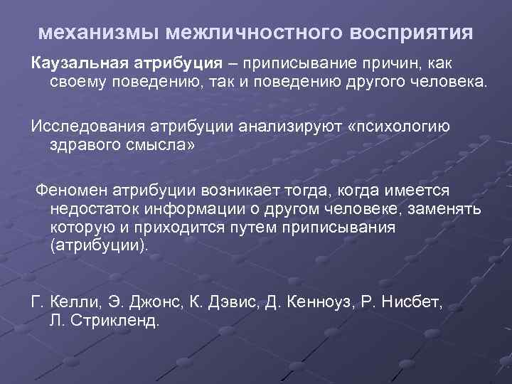 механизмы межличностного восприятия Каузальная атрибуция – приписывание причин, как своему поведению, так и поведению