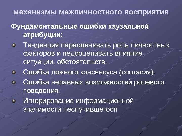 механизмы межличностного восприятия Фундаментальные ошибки каузальной атрибуции: Тенденция переоценивать роль личностных факторов и недооценивать