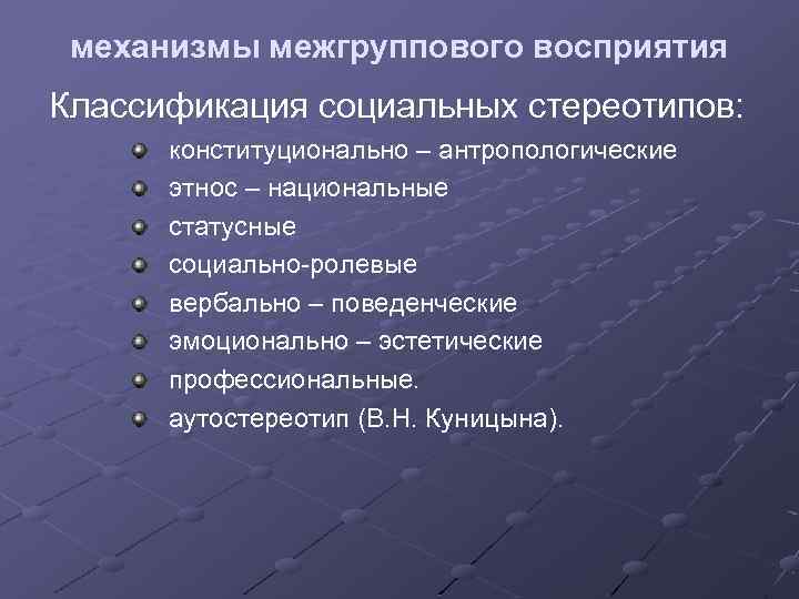 механизмы межгруппового восприятия Классификация социальных стереотипов: конституционально – антропологические этнос – национальные статусные социально-ролевые