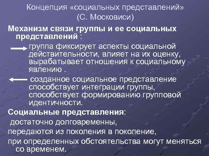 Концепция «социальных представлений» (С. Московиси) Механизм связи группы и ее социальных представлений : группа