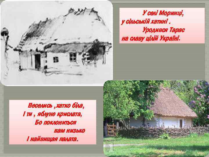 У селі Моринці, у сільській хатині. Уродився Тарас на славу цілій Україні. Веселись ,