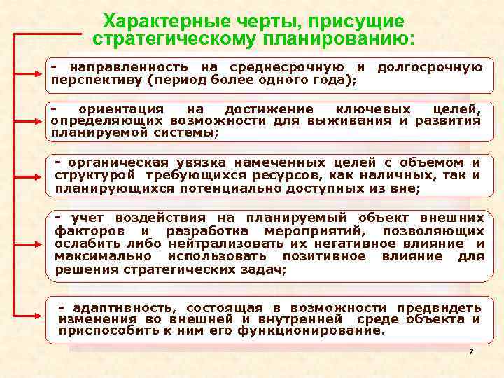 Характерные черты, присущие стратегическому планированию: - направленность на среднесрочную и долгосрочную перспективу (период более