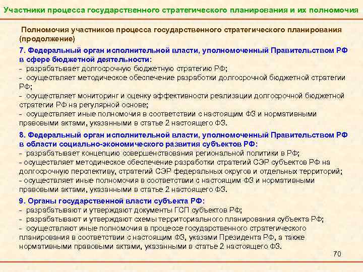 Участники процесса государственного стратегического планирования и их полномочия Полномочия участников процесса государственного стратегического планирования